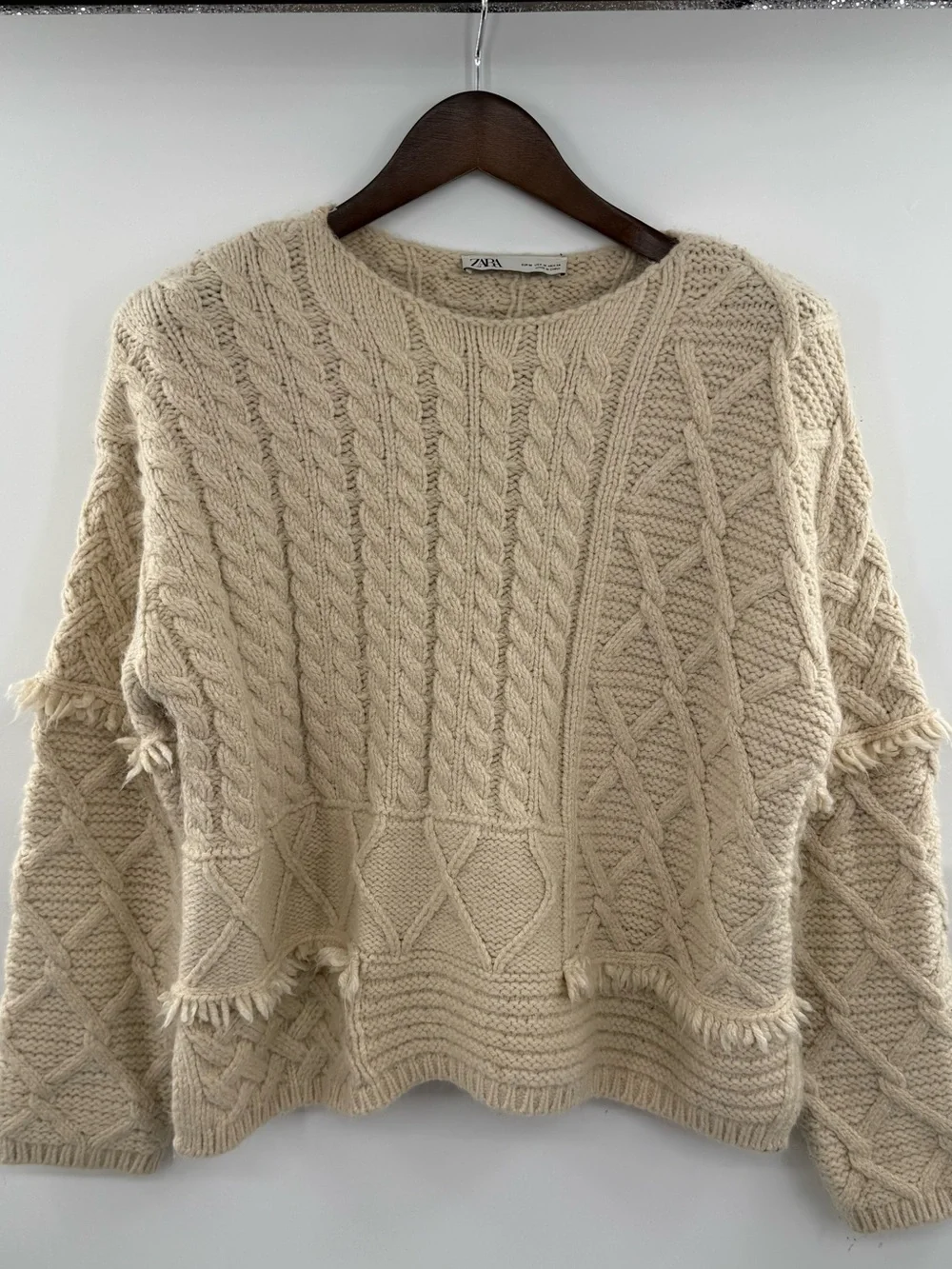 ZARA Women’s M Cream Cable Knit Patchwork Fringe Sweater Chunky Boho Pullover